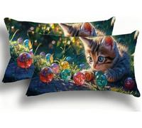 Cohnpjng Juego de 2 Fundas de Almohada Bicolor de Terciopelo, Fundas Rectangulares Decoración 40x80 cm, Cremallera Invisible, Diseño de Doble Cara Transpirables Suaves, Bola De Vidrio Gato F0A-903