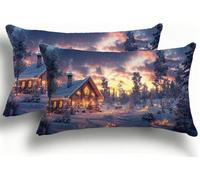 Cohnpjng Juego de 2 Fundas de Almohada Bicolor de Terciopelo, Fundas Rectangulares Decoración 40x80 cm, Cremallera Invisible, Diseño de Doble Cara Transpirables Suaves, Invierno Cabaña F0A-1139