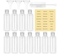 Coicok 11 botellas de viaje de 100 ml, accesorios útiles para viajes, con 3 embudos pequeños, transparentes, botellas de viaje con etiquetas y cepillo limpio, recipientes de viaje para champús