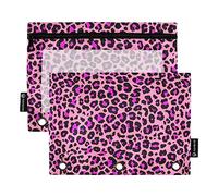 Coikll Estuche para lápices de guepardo de leopardo rosa para carpetas estándar de 3 anillas, bolsa de lápices con cremallera con ventana transparente para oficina de clase, paquete de 2