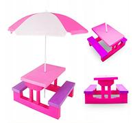 COIL Muebles de jardín para niños, mesa infantil para exteriores con sombrilla, grupo de asientos infantiles versátiles, mesa de picnic para niños a partir de 3 años, juego de asientos infantiles para