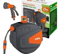 COIL Manguera de jardín, carrete automático de manguera de pared, Smart Stop, 9 modos de pulverización, incluye pistola pulverizadora, manguera de entrada de 2 m (25 m)