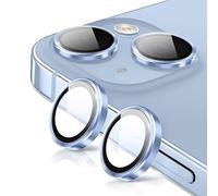 Coiwxmoi Protector de Lente Cámara para iPhone 14/14 Plus,Lentes Camera Protector Cristal Vidrio Templado Dureza 9H HD Anti-arañazo Sin Burbujas Individuo Anillo Metal Protección Lens,Azul