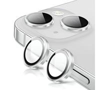 Coiwxmoi Protector de Lente Cámara para iPhone 14/14 Plus,Lentes Camera Protector Cristal Vidrio Templado Dureza 9H HD Anti-arañazo Sin Burbujas Individuo Anillo Metal Protección Lens,Plata