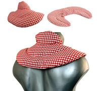 Cojín cervical térmico con cuello. rojo-blanco. Almohada térmica cervical con semillas de grosella. Saco caliente y frio con semillas. Cojín de nuca