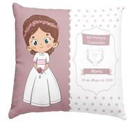 Cojín Comunión con Variantes de Color de Color de Pelo, cojín Personalizado - con Nombre y Fecha. un Regalo Ideal para un día Especial. (NIÑA Morena)