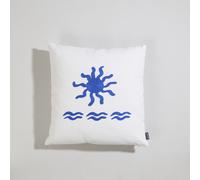 Cojín de algodón y poliéster blanco con bordado azul 45x45 cm