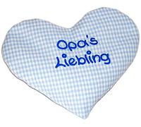 Cojín de corazón con texto en alemán para bebés, cojín de calor con semillas de colza, cojín personalizado para calentar, tamaño: aprox. 15 x 17 cm (azul claro el favorito del abuelo)