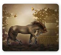 Cojín de ratón místico, caballo en jardín de rosas con mariposas Impresión artística de la luna romántica de fantasía, tamaño estándar, rectángulo antideslizante, alfombrilla de goma, beige y marrón