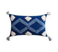 Cojín lumbar marroquí, 30 x 50 cm, para funda, color blanco, azul, patrón geométrico, con borlas tejidas, rectangular, color gris