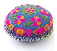 Cojín Redondo Tradicional Suzani de Jaipur Boho, Fundas de cojín Bordadas de 16 ", Fundas Decorativas de cojín, Cojines al Aire Libre Indian Pom Pom, Fundas de Almohada Boho