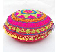 Cojín Redondo Tradicional Suzani de Jaipur Boho, Fundas de cojín Bordadas de 16 ", Fundas Decorativas de cojín, Cojines al Aire Libre Indian Pom Pom, Fundas de Almohada Boho
