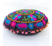 Cojín Redondo Tradicional Suzani de Jaipur Boho, Fundas de cojín Bordadas de 16", Fundas Decorativas de cojín, Cojines al Aire Libre Indian Pom Pom, Fundas de Almohada Boho