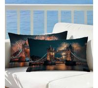 Cojines Exterior Impermeable Ciudad, Fuegos artificiales Funda Cojin 50x80 Juego de 2 Lino, Funda de Almohada Rectangulares Impresión Doble Cara con Cremallera Invisible para Sofás Jardín Salón,Cod543