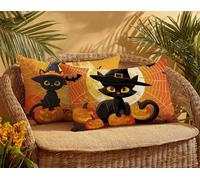 Cojines Exterior Impermeable Víspera de Todos los Santos Fundas Cojin 30x50 Juego de 2 Fundas Almohadas Gato Lmpresión de Doble Cara Terciopelo Cushion Covers, Jardín Salón Terraza Decor Otoño,J630