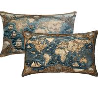 Cojines Exterior Mapa del Mundo Funda Cojin 45x30 Juego de 2 Cojines para Sofa Azul Terciopelo Almohada Rectangular con Cremallera Invisible para Jardín, Salón Moderno, Cama, Decoración Hogar JK-395