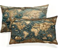 Cojines Exterior Mapa del Mundo Funda Cojin 50x30 Juego de 2 Cojines para Sofa Azul Lino Almohada Rectangular con Cremallera Invisible para Jardín, Salón, Dormitorio, Cama, Decoración Hogar JK-395