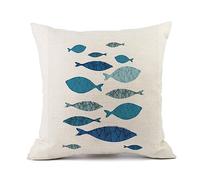 Cojines Sofa 50x50 Peces Azules Y Grises - Lino de Algodón Con Cremallera Invisible - Funda Moderna Cuadrada Para Cama, Decorativa Hogar, Coche, Sofá