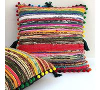 Cojines Tradicionales de Chindi Tejidos a Mano de Jaipur, Almohadas Decorativas Bohemias Trenzadas de Tela de algodón Hechas a Mano Alfombras de Almohadas de Patio 16 "x16