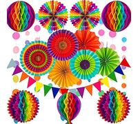 Cojoy Juego de decoración de fiesta multicolor, abanicos de papel de color arcoíris, pancarta de papel de panal, pompones, flores, cadena de lunares para cumpleaños, bodas, decoración de fiestas