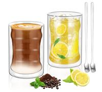 Cokaca Conjunto de 2 Tazas de Café de Cristal, 400ML Vasos de Espresso de Doble Pared Transparente, Tazas de Vidrio Borosilicato con 2 Cucharas y 1 Cepillo, para Cafe Leche Té Latte Macchiato y Más