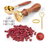 CoKeeSun 200 Piezas Cuentas de Sello de Cera Rojo, Perlas de Cera para Sellar Octogonales, Cera para Sellos de Lacre con 5 Velas, Cuchara de Fundición, Sello, para Invitaciones, Tarjetas, Sobres
