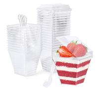 CoKeeSun 30 Piezas 240ml/8.4oz Vasitos para Postres con Tapa y Cucharas, Tazas de Postre de Plástico Reutilizables, Cuencos de Postre Transparentes, Vasitos Aperitivos Plastico para Pudín Mousse