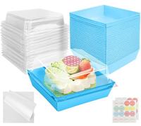 CoKeeSun 30 Piezas Cajas para Tartas Individuales, 12cm Cajas para Cupcakes, Cajas con Tapa Transparente para Magdalenas, Muffins, Sándwiches y Macarons, con Papel Antigrasa y Pegatinas (Azul)