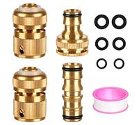 CoKeeSun 4 Piezas Conector de Manguera de Latón, Conector Rápido Manguera de 1/2" y 3/4", Adaptador de Grifo con Arandelas, Anillos "O" y Cinta Impermeable, Conector de Boquilla de Pistola de Agua