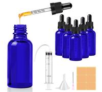 CoKeeSun 5 Piezas 30ml Azul Frasco Cuentagotas Cristal, Botellas Cuentagotas Vidrio con Gotero Embudo Aguja Jeringa Catéter Pegatinas para Aceite Esencial Masaje Fragancia Aromaterapia Laboratorio