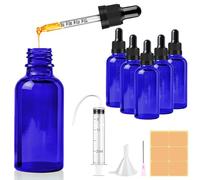 CoKeeSun 5 Piezas 50ml Azul Frasco Cuentagotas Cristal, Botellas Cuentagotas Vidrio con Gotero Embudo Aguja Jeringa Catéter Pegatinas para Aceite Esencial Masaje Fragancia Aromaterapia Laboratorio