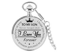CokinkiDs Silver To My Son Reloj de Bolsillo de Cuarzo Reloj Colgante de exhibición de números Romanos Vintage Reloj de cumpleaños para niños con Caja de Regalo