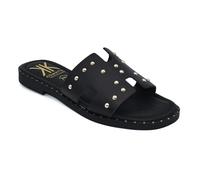 COKKETA Sandalia de mujer de piel con tachuelas decorativas, cómoda plantilla de gel, tacón bajo de 2 cm, elegante para el verano y para un look casual