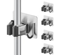 Cokshy Colgador Escobas y Fregonas, 4 Piezas Soporte Escobas Pared Adhesivo de Acero Inoxidable con Ganchos, Sin Perforar para Cocina, Baño, Armario, Jardín, Garaje (Gris Claro)