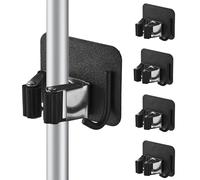 Cokshy Colgador Escobas y Fregonas, 4 Piezas Soporte Escobas Pared Cuadrado Adhesivo de Acero Inoxidable con Ganchos, Sin Perforar para Cocina, Baño, Armario, Jardín, Garaje (Negro)