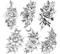COKTAK 6 Hojas Tatuajes Temporales Realistas de la Gran Flor Rosa Negra Cuerpo de Mujer Piernas Brazo Arte Pegatinas Tatuaje Geométrico Gran Peonía Falso Adultos Bosquejo Chica Sexy Lirio de Durazno