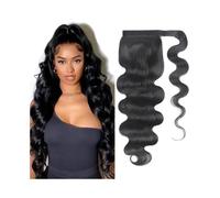 Cola de caballo Extensión de cola caballo con ondas corporales, cabello humano real negro natural, envuelta alrededor la clip, piezas Remy Peinado(14inches)