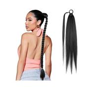 Cola de caballo, Extensión de cola caballo trenzada recta Yaki 66 cm con liga - Cabello sintético suave(Black)