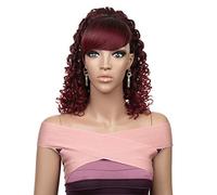 Cola de caballo larga sintética con flequillo grueso, extensión de flequillo degradado con clip con cordón para mujeres afroamericanas, rizado, negro/rojo vino