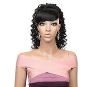 Cola de caballo larga sintética con flequillo grueso, extensión de flequillo degradado con clip con cordón para mujeres afroamericanas rizadas, color negro 1B #