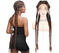 Cola de caballo, Peluca trenzada de caja con encaje frontal de 32 pulgadas hecha a mano sintética(Dark brown)