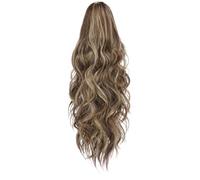 Cola de caballo rizada con clip de 45,7 cm, color marrón claro y dorado, extensión larga ondulada sintética para volumen instantáneo