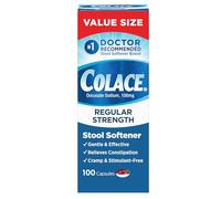 Colace Suavizante de heces de fuerza regular, cápsulas de 100 mg, 100 unidades, sin estimulantes de sodio, para un alivio suave y fiable del estreñimiento ocasional