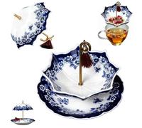 Colador de té de cerámica con forma de paraguas, filtro de té de porcelana para té suelto con diseño giratorio de 360°, perforado fino, hecho a mano en azul y blanco, infusor de té para el hogar, la