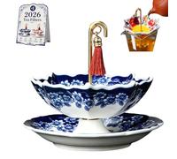 Colador de té tipo paraguas, filtro de hojas sueltas de porcelana china azul y blanca con diseño giratorio, soporte de té múltiple for Kung Fu/café/preparación(A)
