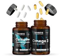 Colágeno Marino Hidrolizado + Omega 3 2000 mg Omegatex® - Pack Diario Con Aceite de Pescado, Colageno, Magnesio, Ácido Hialurónico, Coenzima Q10 y Vitamina E - Huesos, Piel - Alta Potencia - Sevens