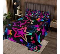 Colcha colorida de estrellas de neón, juego de ropa de cama con diseño de estrellas de dibujos animados hippie para niños, adolescentes y adultos, juego de colcha con 2 fundas de almohada, tamaño King