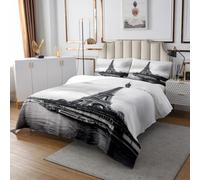 Colcha de la Torre Eiffel de París, tamaño doble, colcha romántica de estilo francés para niños y niñas, edredón de ropa de cama de arquitectura famosa, 2 fundas de almohada, color blanco oscuro y