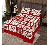 Colcha de Navidad feliz tamaño L para mujeres adultas, patchwork rojo tema Navidad a cuadros edredón conjunto con 2 fundas de almohada, cardenales bayas campanas floral decoración de pino ropa de cama