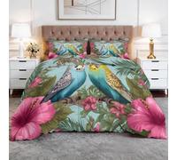 Colcha Edredón Reversible Vintage Tropical Animales Loro Corazón 220 x 240 cm, Edredón Cubre Cama Acolchado - Juego de Cama Azul Polvo para Sofá y Aire Acondicionado Colcha Suave y Transpirable